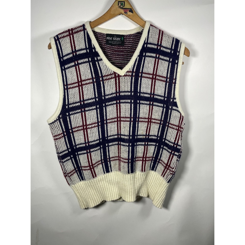 Vintage Pine State Plaid‎ V Neck Sweater Vest Mens Large Acrylic Preppy